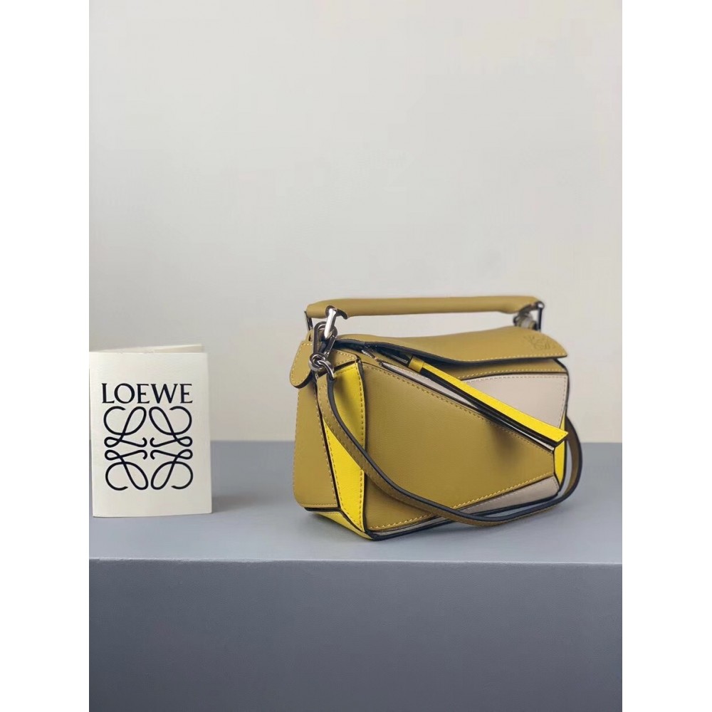 Loewe Mini Puzzle Bag In Ochre/White/Yellow Calfskin LDBS244466