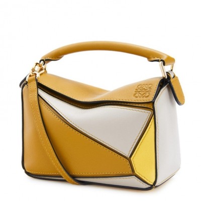 Loewe Mini Puzzle Bag In Ochre/White/Yellow Calfskin LDBS244466