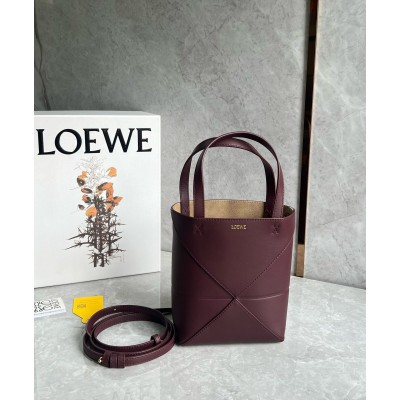 Loewe Mini Puzzle Fold Tote Bag in Bordeaux Calfskin LDBS244470