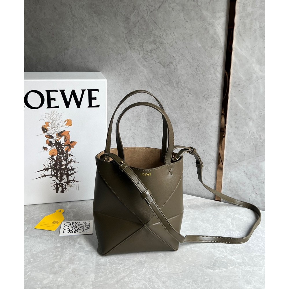 Loewe Mini Puzzle Fold Tote Bag in Dark Green Calfskin LDBS244471