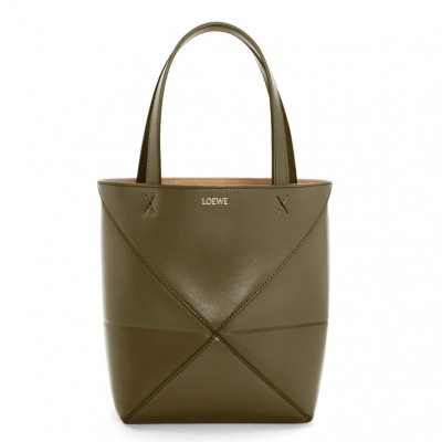 Loewe Mini Puzzle Fold Tote Bag in Dark Green Calfskin LDBS244471