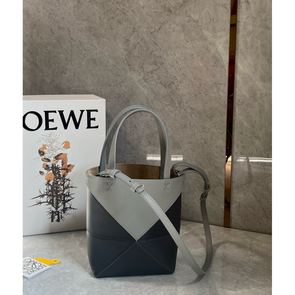 Loewe Mini Puzzle Fold Tote Bag in Grey/Dark Grey Calfskin LDBS244472