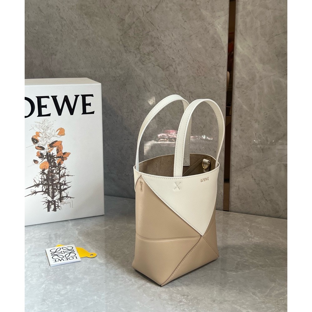 Loewe Mini Puzzle Fold Tote Bag in White/Beige Calfskin LDBS244474