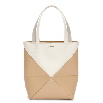 Loewe Mini Puzzle Fold Tote Bag in White/Beige Calfskin LDBS244474