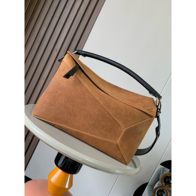 Loewe Puzzle Large Bag in Brown Suede Calfskin LDBS244486