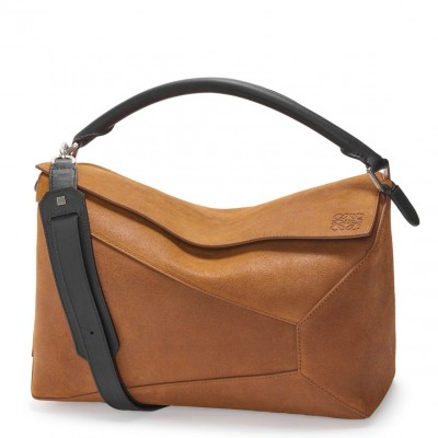 Loewe Puzzle Large Bag in Brown Suede Calfskin LDBS244486