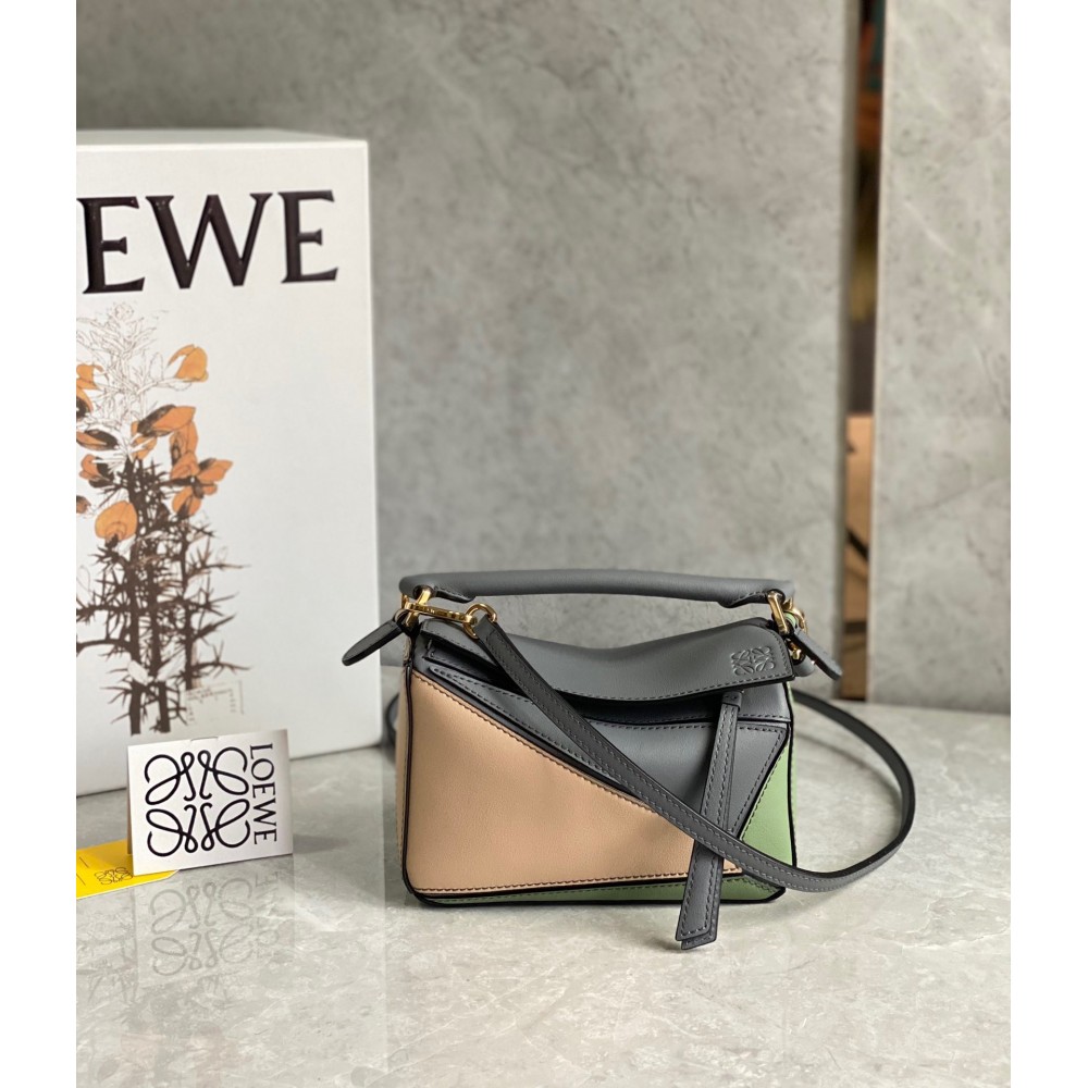 Loewe Puzzle Mini Bag In Asphalt Grey/Nude/Green Calfskin LDBS244488