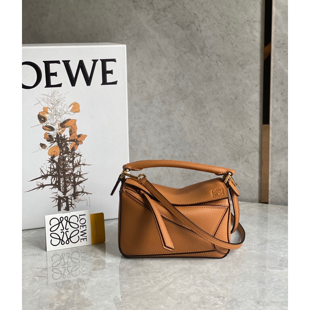 Loewe Puzzle Mini Bag In Brown Grained Calfskin LDBS244492