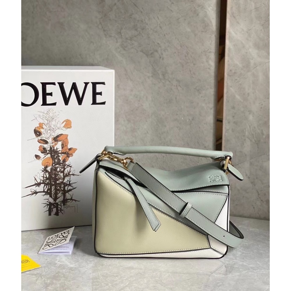 Loewe Puzzle Small Bag In Grey/Cream/White Calfskin LDBS244513