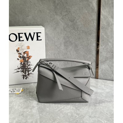 Loewe Puzzle Small Bag In Pearl Grey Grained Leather LDBS244518