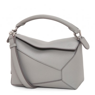 Loewe Puzzle Small Bag In Pearl Grey Grained Leather LDBS244518