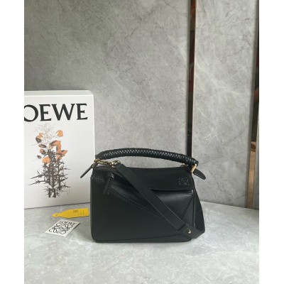 Loewe Puzzle Small Bag in Black Calfskin with Woven Handle LDBS244506