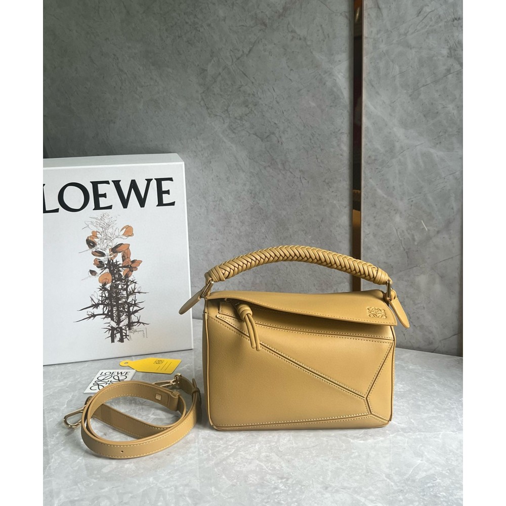 Loewe Puzzle Small Bag in Sahara Calfskin with Woven Handle LDBS244521