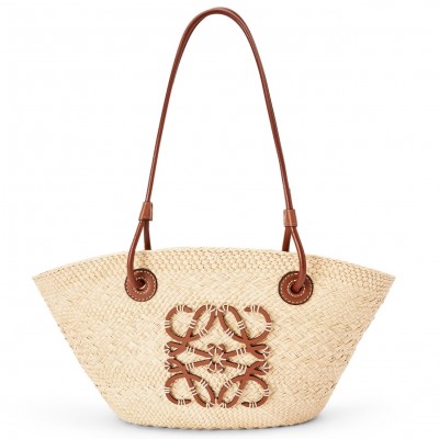 Loewe Small Anagram Basket Bag in Iraca Palm and Brown Calfskin LDBS244526