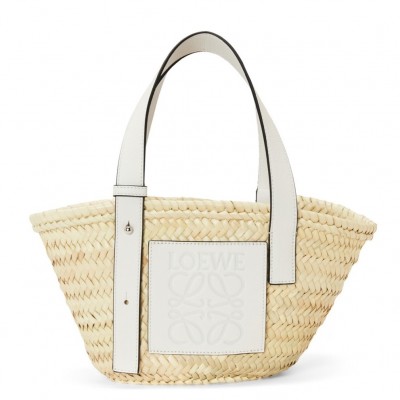 Loewe Small Basket Bag in Raffia and White Calfskin LDBS244544