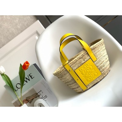 Loewe Small Basket Bag in Raffia and Yellow Calfskin LDBS244545