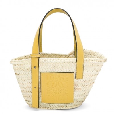 Loewe Small Basket Bag in Raffia and Yellow Calfskin LDBS244545