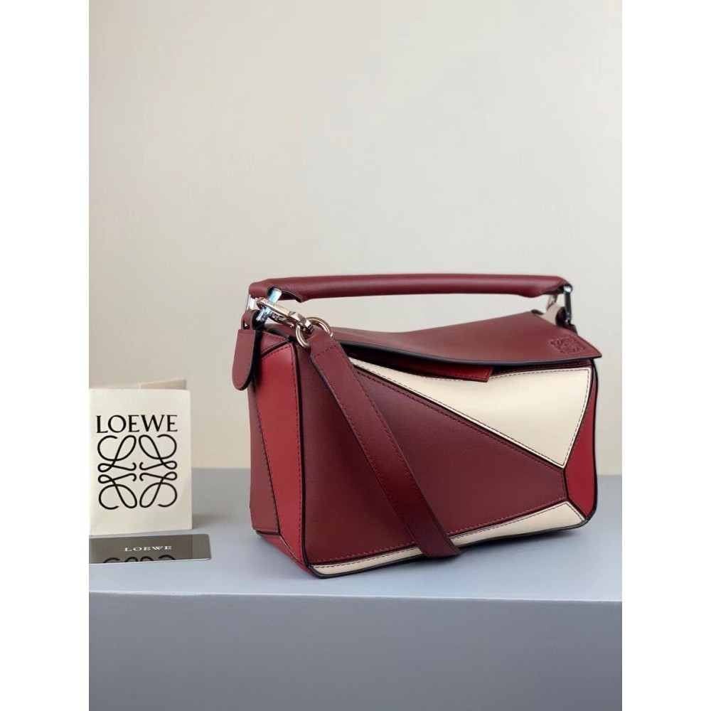 Loewe Small Puzzle Bag In Bordeaux/Garnet/White Calfskin LDBS244563