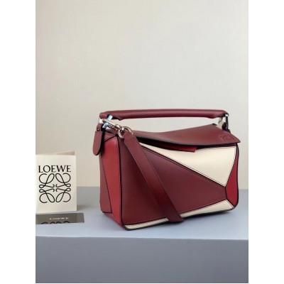 Loewe Small Puzzle Bag In Bordeaux/Garnet/White Calfskin LDBS244563