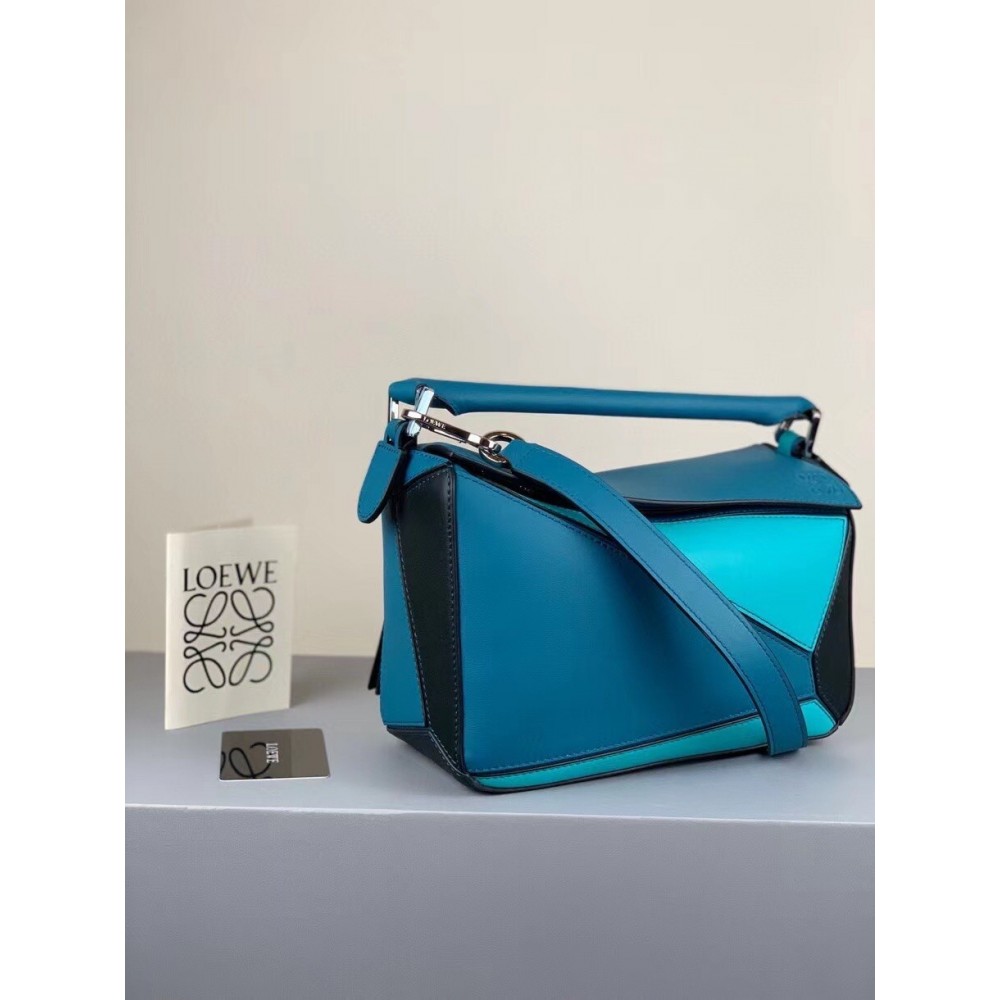 Loewe Small Puzzle Bag In Lagoon/Black/Blue Calfskin LDBS244569