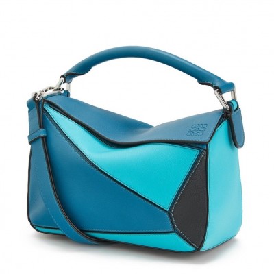 Loewe Small Puzzle Bag In Lagoon/Black/Blue Calfskin LDBS244569