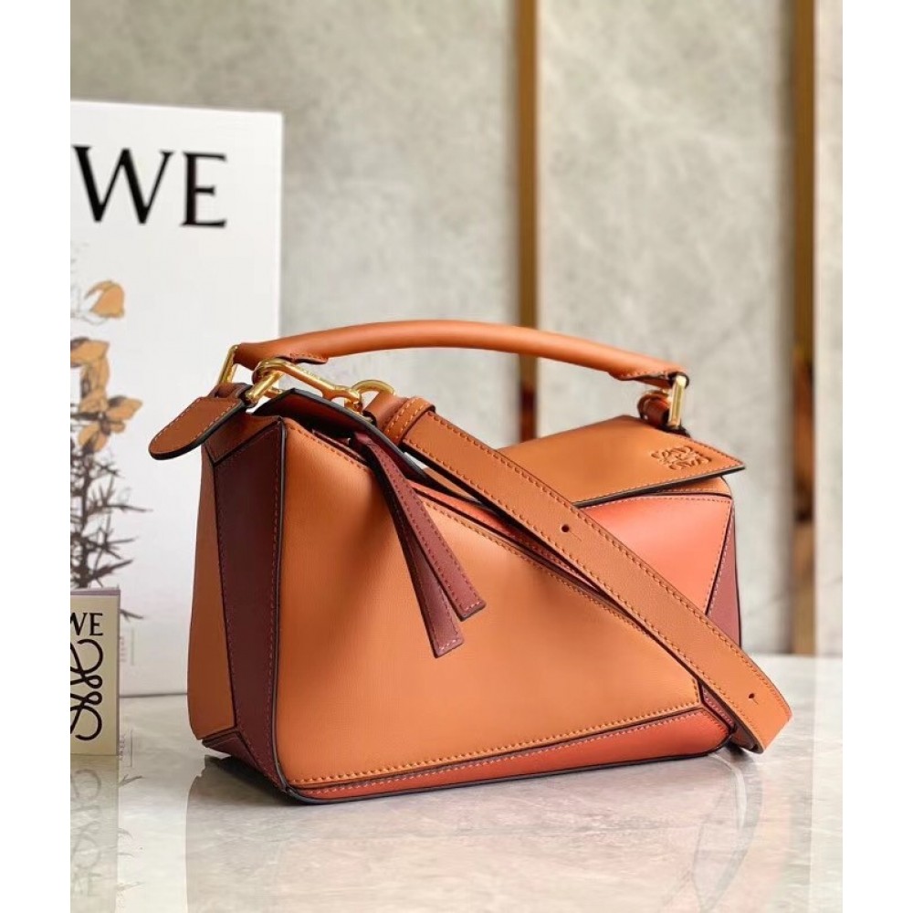 Loewe Small Puzzle Bag In Tan/Orange/Camel Calfskin LDBS244572