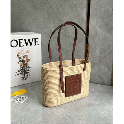 Loewe Small Square Basket Bag in Raffia and Brown Calfskin LDBS244575