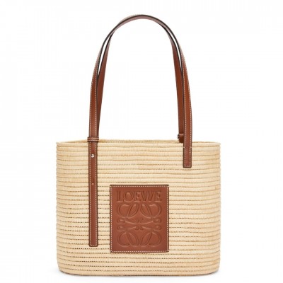 Loewe Small Square Basket Bag in Raffia and Brown Calfskin LDBS244575