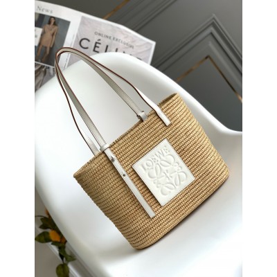 Loewe Small Square Basket Bag in Raffia and White Calfskin LDBS244576