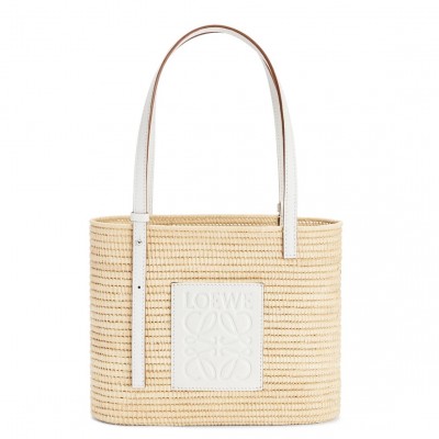 Loewe Small Square Basket Bag in Raffia and White Calfskin LDBS244576