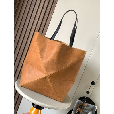 Loewe XL Puzzle Fold Tote Bag in Brown Suede Calfskin LDBS244584