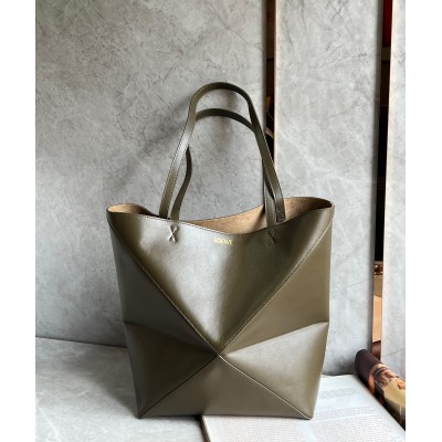 Loewe Large Puzzle Fold Tote Bag in Dark Green Calfskin