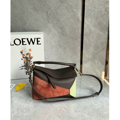 Loewe Puzzle Small Bag in Tan Suede and Chocolate Calfskin