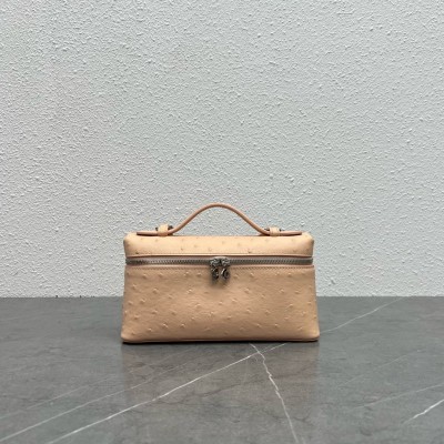 Loro Piana Extra Pocket Pouch L19 in Beige Ostrich-embossed Leather LDBS241373