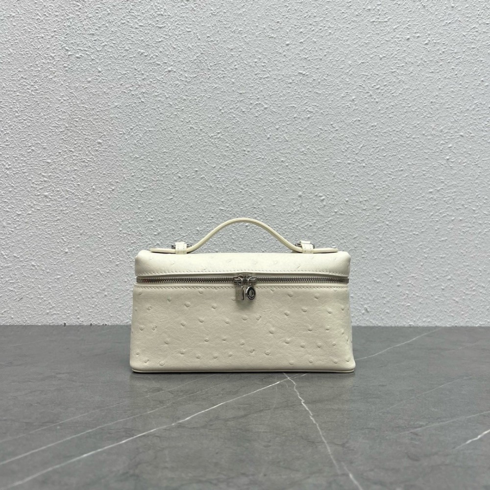 Loro Piana Extra Pocket Pouch L19 in White Ostrich-embossed Leather LDBS241374