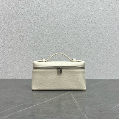 Loro Piana Extra Pocket Pouch L19 in White Ostrich-embossed Leather LDBS241374