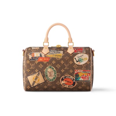 Louis Vuttion Speedy Bandouliere 30 Embellished with a Patchwork of Hotel Labels M47087 LDBS17594