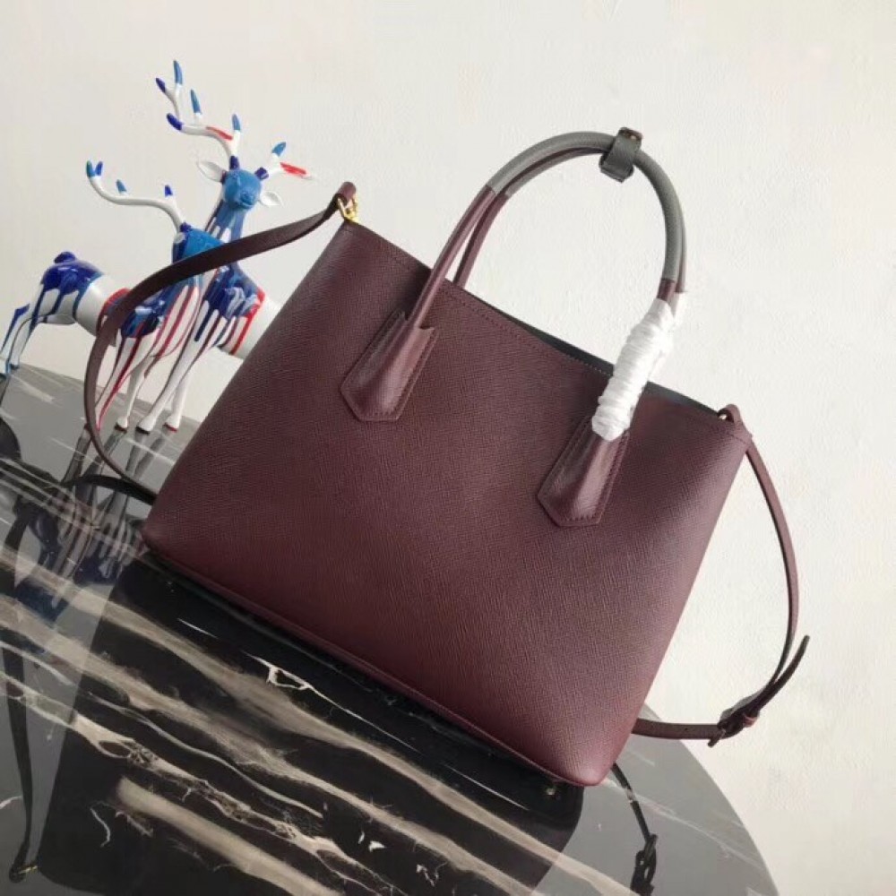 Prada Bicolor Double Medium Garnet Saffiano Bag LDBS244617