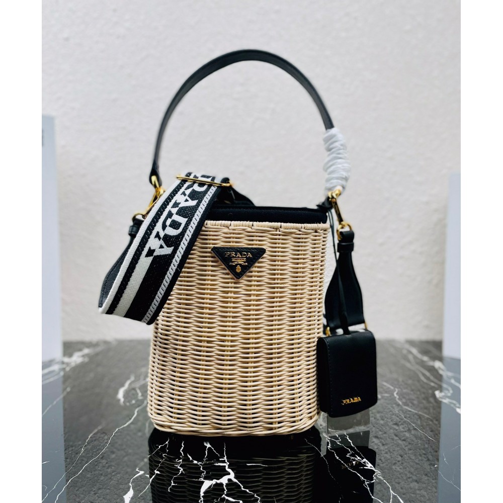 Prada Bucket Bag In Wicker and Black Canvas LDBS244647