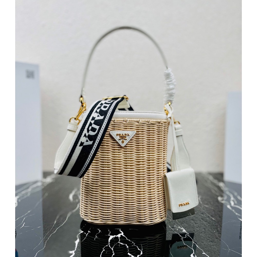 Prada Bucket Bag In Wicker and White Canvas LDBS244648