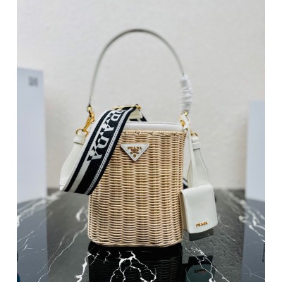 Prada Bucket Bag In Wicker and White Canvas LDBS244648