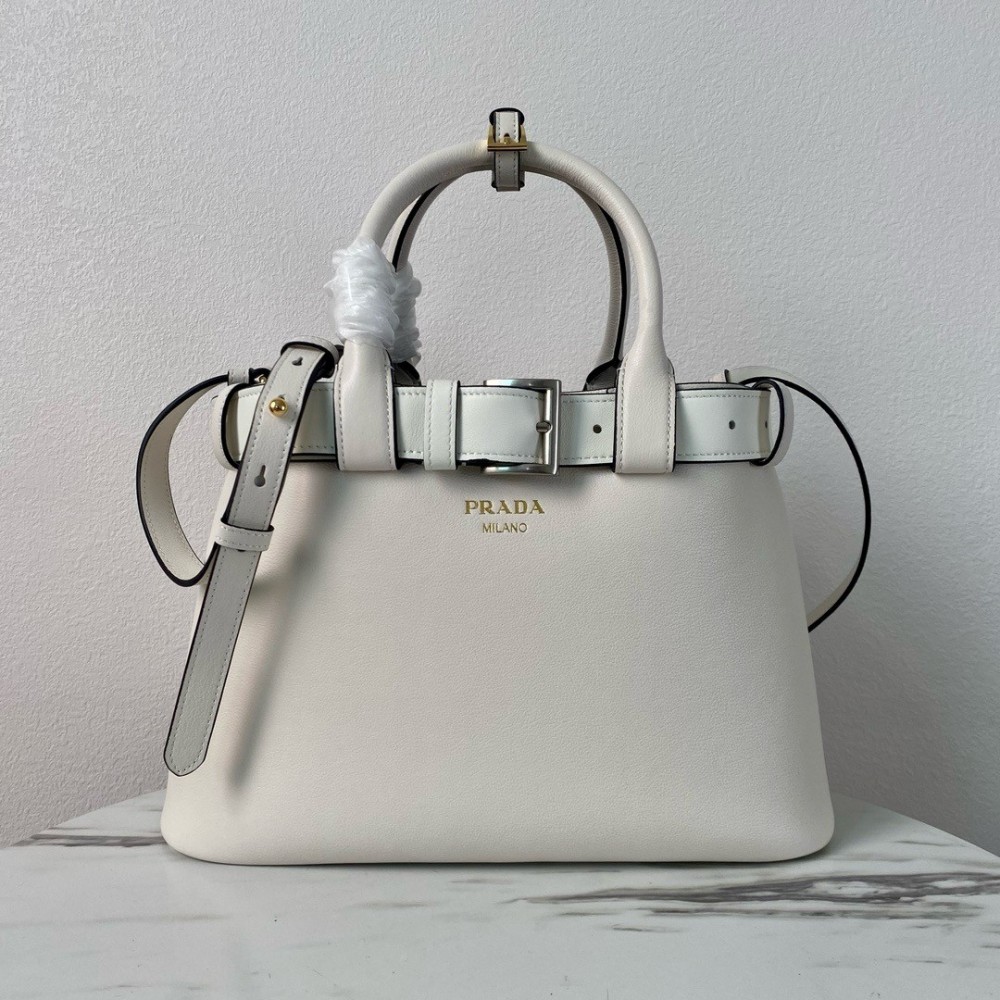 Prada Buckle Medium Bag with Belt in White Leather LDBS244652