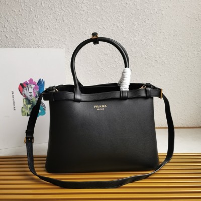 Prada Buckle Medium Bag with Double Belt in Black Leather LDBS244653