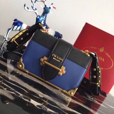 Prada Cahier Shoulder Bag In Blue/Black Leather LDBS244658