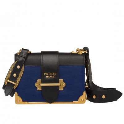 Prada Cahier Shoulder Bag In Blue/Black Leather LDBS244658