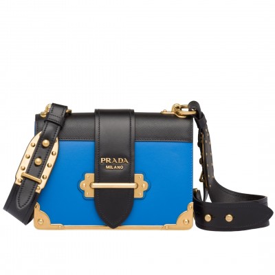 Prada Cahier Shoulder Bag In Blue Hydra /Black Leather LDBS244659