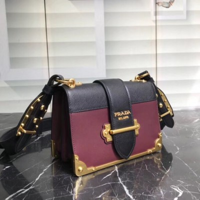 Prada Cahier Shoulder Bag In Bordeaux/Black Leather LDBS244660