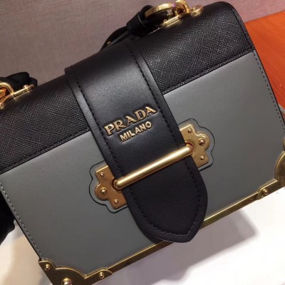 Prada Cahier Shoulder Bag In Grey/Black Leather LDBS244663