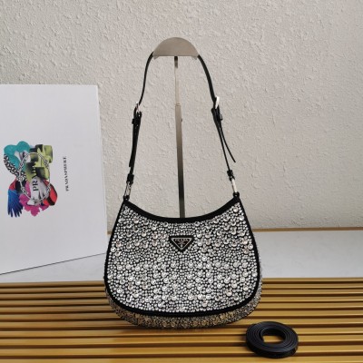 Prada Cleo Bag In Black Satin with Cystal Appliques LDBS244668