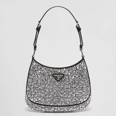 Prada Cleo Bag In Black Satin with Cystal Appliques LDBS244668